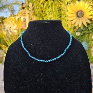 Vintage Y2K Blue Glass Beaded Choker Necklace with Toggle Clasp